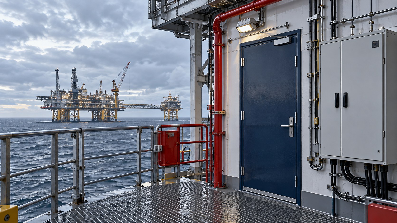 Offshoreinnretning og lukka elektrisk rom, illustrasjonsfoto