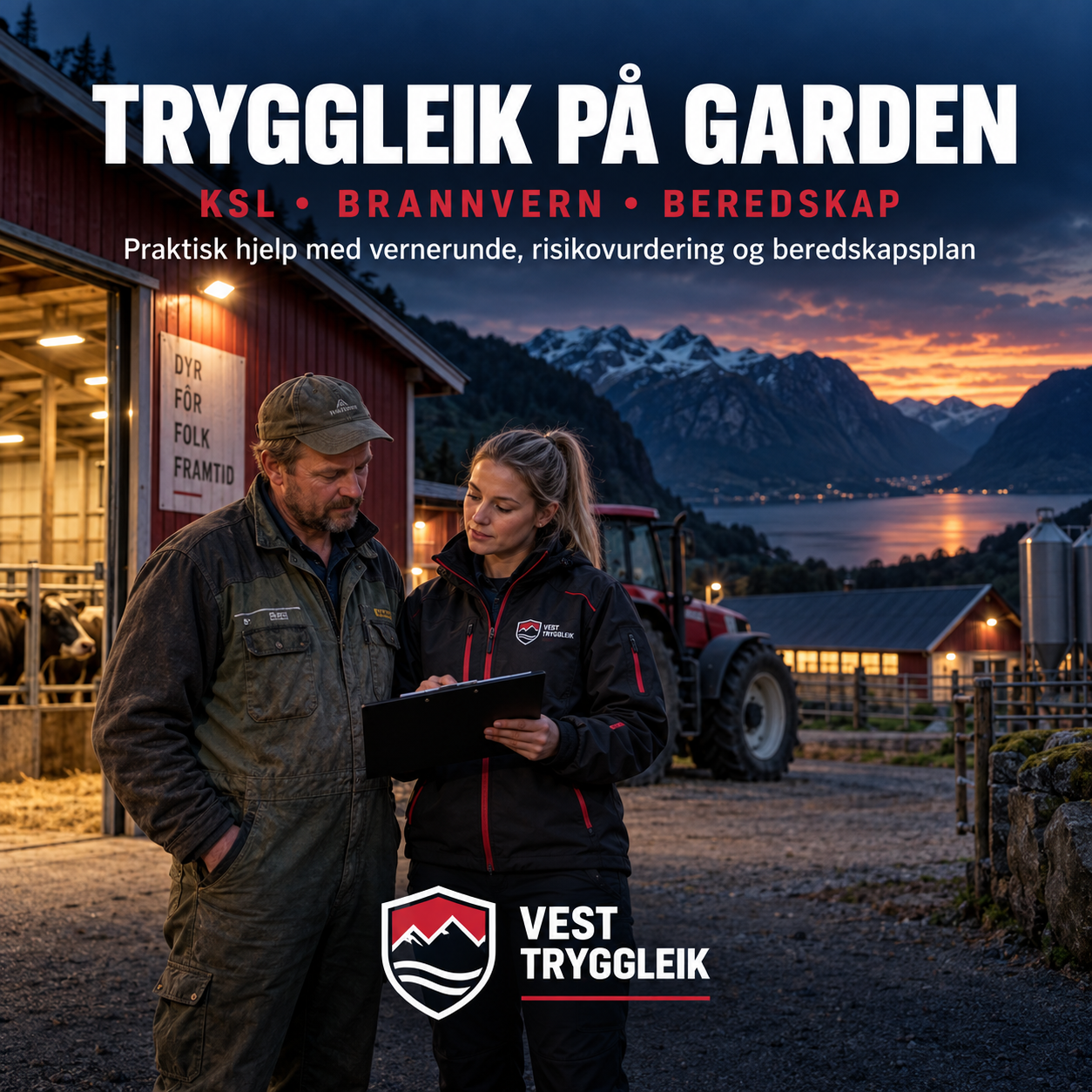Bonde og tryggleiksrådgivar går gjennom beredskap på ein gard ved fjorden